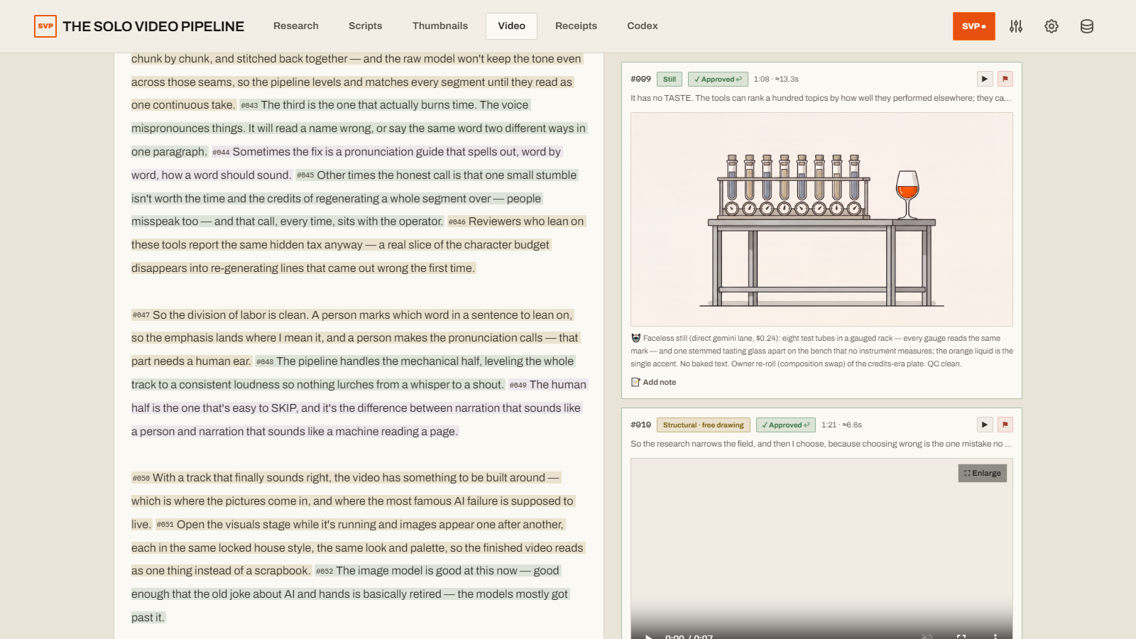 The beat board of the published video: word-synced narration on the left, approved beats on the right — a finished illustration plate with the agent's note quoting the exact image price, $0.24 on the direct Google Gemini lane.