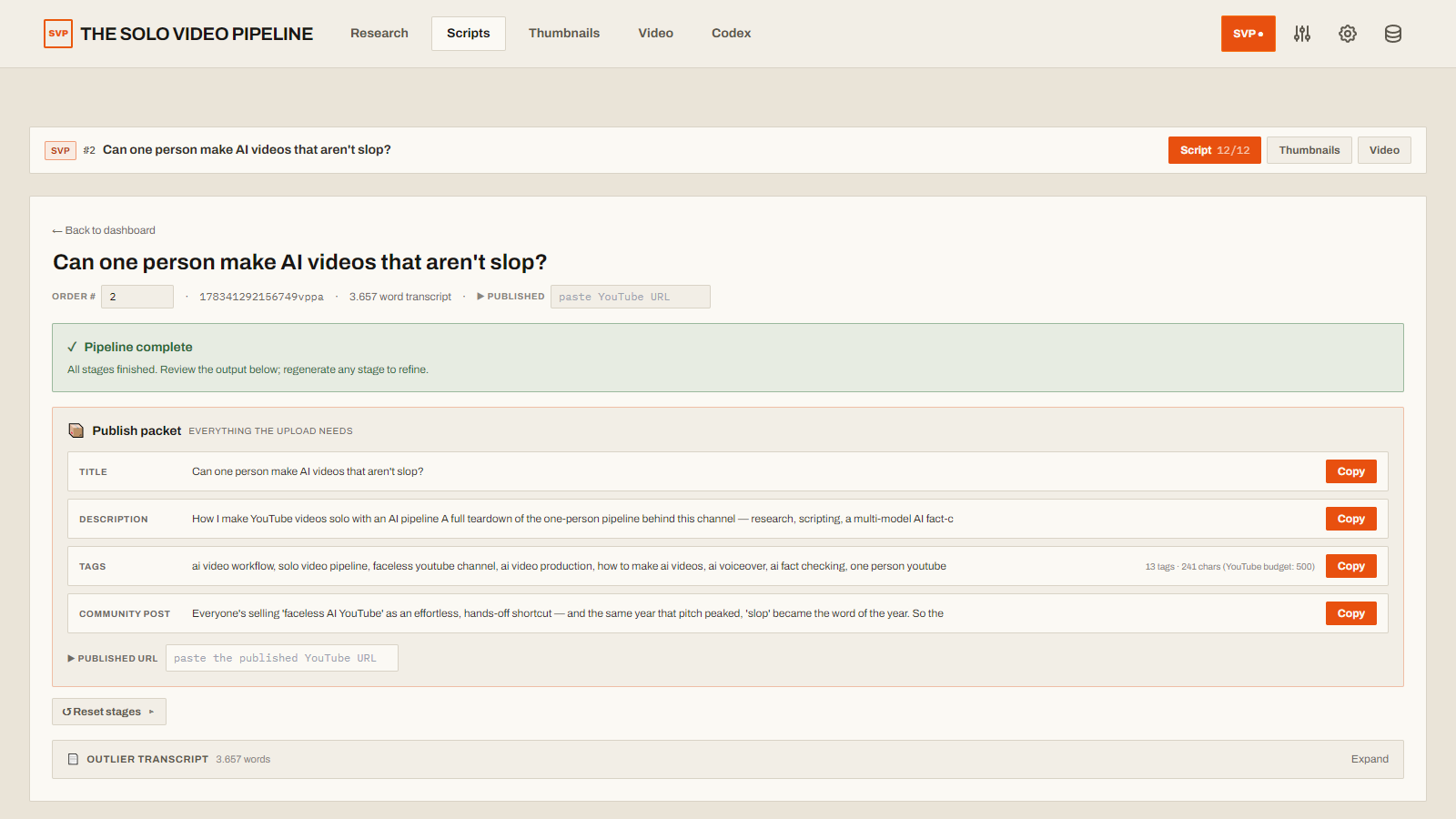 The script workspace for the published video: pipeline complete at twelve of twelve stages, with the publish packet — title, description, tags and community post — each with its own copy button.