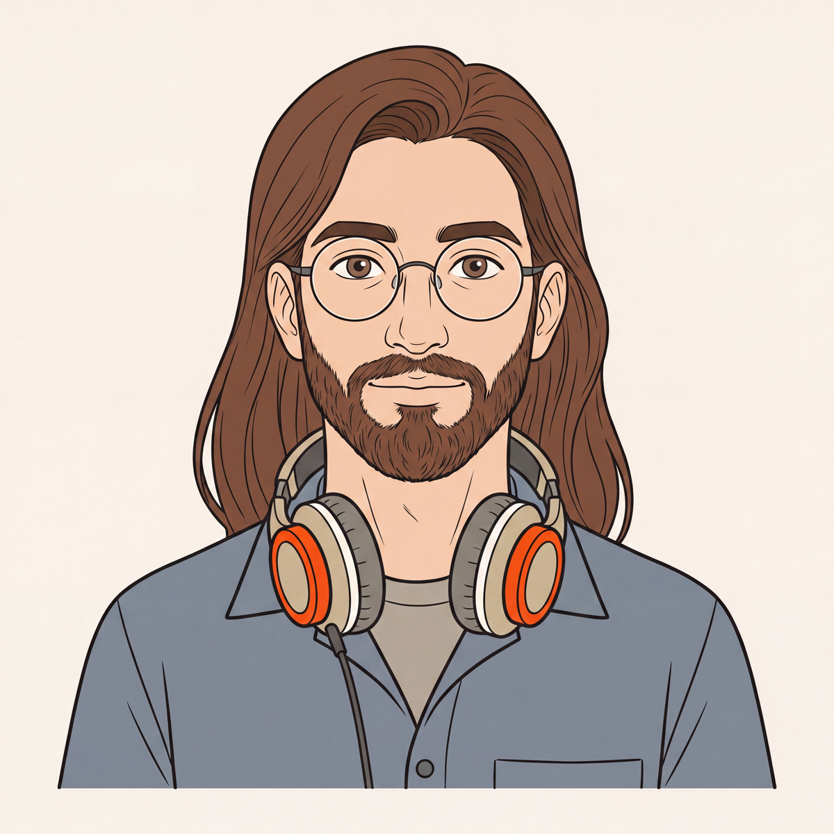 Illustrated portrait of the operator: long brown hair, round glasses, beard, headphones with signal-orange ear cups around the neck.