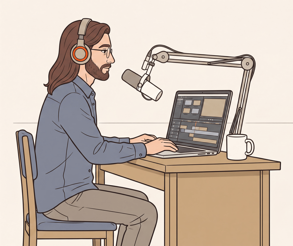 Technical-manual illustration of one person producing video at a desk